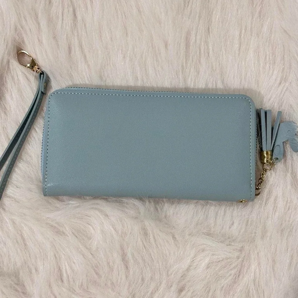 Dusty Blue Geometric Colorblock Zip-Around Wristlet Wallet